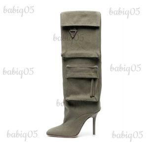 Stiefel 2023 neue quadratische Kopf Vintage Denim Stiefel Tasche Stoff knielange Stiefel schlanke High Heels 35-43 europäische amerikanische Damenstiefel T231025