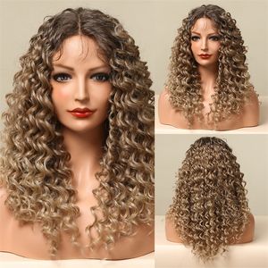 Lace Wigs ALAN Medium Curly Front Synthetic Hair with Baby Middle Part Ombre Dark Brown Deep Wave for Women 231024