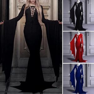 Casual Dresses Floor-length Women Dress Vintage Bride Costume Sexy Lace-up V-neck Floor For Halloween Party Cosplay Slim Fit Bell Sleeves