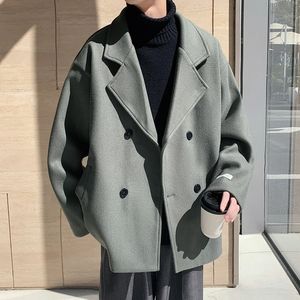 Mens Wool Blends Men's solid Korean winter jacket 2023 wool jacket men's black Harajuku trench jacket flannel button jacket and jacket 231025