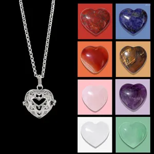 Pendant Necklaces Stainless Steel Chain Necklace Hollow Love Heart Stone Natural Amethysts Rose Quartzs Beads Jewelry For Women