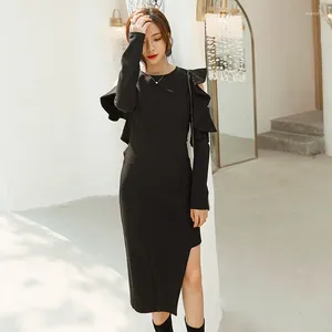 Casual Kleider 2023 Elegante Schlanke Frauen Kleid Schwarz Unregelmäßige Herbst Winter Geburtstag Cocktail Abend Club Party Weibliche Bühnenkostüme