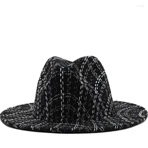 Berretti Cappello a cilindro semplice a tesa larga in reticolo nero / bianco Panama Cappelli stile Fedora in feltro solido per uomo Donna Berretto jazz in misto lana