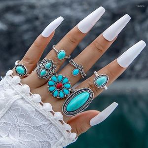 Cluster Rings Vintage Romantic Flower Finger For Women Men Ethnic Style Green Stone Party Alloy Metal Jewelry Anillos 25426