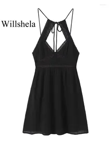 Casual Dresses Women Fashion Black Lace Hem Backless Mini Dress Vintage Halter Neck V-Neck Female Chic Lady
