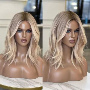 Brasilianische kurze Echthaar-Perücke, 13 x 4 Asche, Honigblond, Highlight-Spitze-Frontal-Perücke für Frauen, natürliche Wellen, leimlose synthetische Bob-Perücke