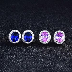 Stud Earrings Luxury Concise Silver Color Oval Blue/Pink Zircon For Women Banquet Party Jewelry Anniversary Gift Couple