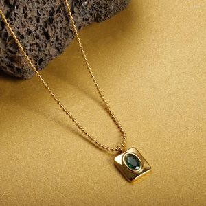 Pendant Necklaces Female Fashion Gold Color Stainless Steel Chic Green Zirconia Square Necklace For Women Festival Party Jewelry