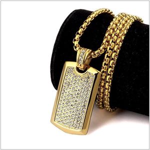 Titan Stahl Hipster Punk Hip Hop Schmuck 24K vergoldet Strass Dog Tag Anhänger lange Kette Halskette für Herren Damen225e