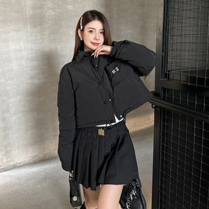 LAPEL Kort ner jacka Kvinnor Letter Pocket Single Breasted Drawstring Duck Down Coat Autumn Winter Ins Lady High Street Top