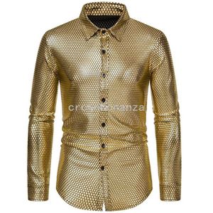 Personliga svarta/guldskjortor för män 2024 modemänskjorta coola scenprestanda förgyllda tryck långärmade knappar skjortor