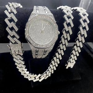 Chains 3PCS Iced Out Watches For Men Gold Watch 15mm Cuban Link Bracelet Necklaces Diamond Hip Hop Jewelry Man Clock243o