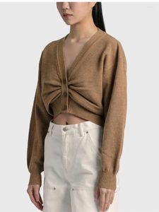 Kvinnors stickor Deep V Pleated Crop Knit Cardigan Långärmning Single Breasted Casual Solid Color Sweater Top