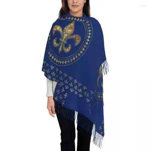 Etnik Giyim Özel Baskı Fleur-De-Lys Altın ve Kraliyet Mavi Eşarp Erkek Kadın Kış Sonbahar Sıcak Eşarplar Fleur de Lis Çiçek Şal Sarısı