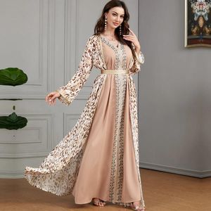 Ethnic Clothing 2 Pieces Abaya Set For Women Chic Lace Embroider Tape V Neck Bottom Dress & Leopard Print Belted Kimono Muslim Eid 2024