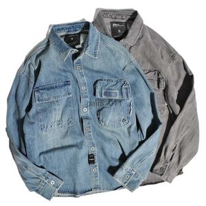 Jackets Heavy American retro military style multi-pocket tooling shirt loose washed casual denim shirt long sleeve YQ231025