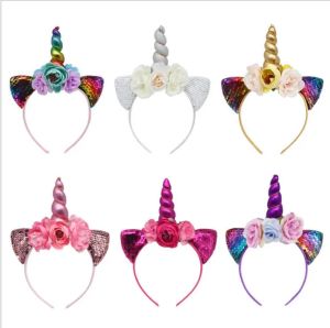 Pailletten Einhorn Baby Mädchen Haarband Kinder Glitter Regenbogen Stirnband Kinder Katzenohren Haar Sticks Kopfbedeckung Boutique Haarschmuck LT183 ZZ