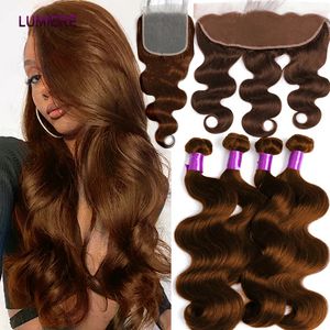 Hårbulkar 32 tum 4 choklad Auburn Brown Body Wave Human Weave Bundle med stängning Frontal 5x5 HD ombre färgad med 231025