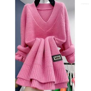 Casual Dresses 2023 Autumn Winter V-neck Loose Sweater Women Pink Fashion Bottom Famale Knitted Straight