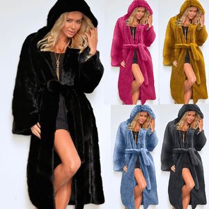 Женское пальто из искусственного меха с капюшоном, стеганое пальто, толстое длинное плюшевое пальто из меха, плащ для женщин