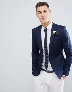 Herrenanzüge Top-Qualität Marineblauer Hochzeitsanzug und weiße Hose Slim Fit Herren 2-teiliges Set (Jacke Hose) Maßgeschneiderter Blazer Terno
