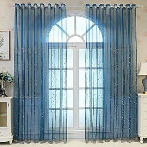 Curtain Window Chiffon Tulle Sheer Voile Drapes White Balcony Transparent For Living Room Bedroom70WX180H(CM)Blue Embroidery