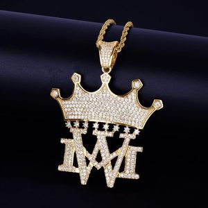 Krona med MW -halsband hängen med repkedja guld silver färg bling kubik zirkon mäns hip hop män smycken338o