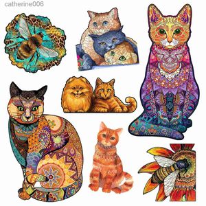 Puzzles Exquisite Cat Wooden Jigsaw Puzzles Irregular Shape Animal Puzzle Games For Adults Kids Fabulous Kitty DIY Drawing Festival GiftL231025