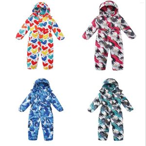 Down Coat One-Piece Ski Suit 2023 Winter Warm Outdoor Snowboard Jacket Jumpsuit Cartoon Kids Snow Pants Windproof Waterproof