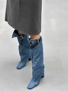 Дизайнерские новые сапоги до колена, женские джинсовые сапоги с квадратным носком, синяя пряжка ремня, длинные сапоги на странном каблуке, зимняя женская уличная модная обувь