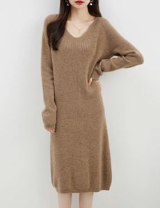 Basic Casual Dresses EU Size for Women Fall Winter Womens 100% Merino Wool Sweaters Skirts Warm Soft V Neck Long Sleeve Knit Dress 231024
