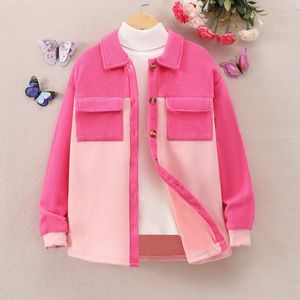 Jackor 2023 Vinter Big Girls Top Long Sleeved Polo Collar Panel Plush Fashion Casual Simple Kids Coat 8 9 10 11 12 Years