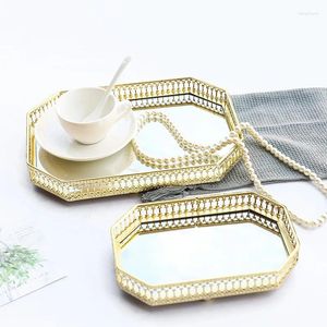 Dekorativa figurer Luxury Golden Iron Delicate Glass Mirror Base Bedroom Desktop Jewelry Storage Tray Cosmetic Decor Organize Plate