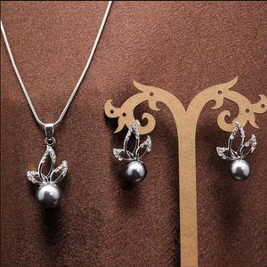 Fashion New Women's 18k Platinum Plated Grey Colors Pearl Austrian Crystal Necklace Earrings Jewelry Sets W323N