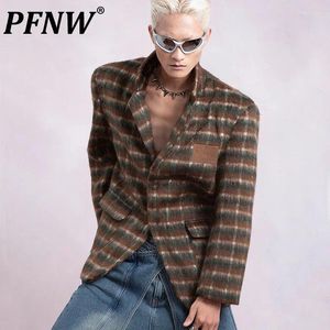 Men's Suits PFNW Retro Plaid Shoulder Pad Loose Fit Suit Jacket Fashion Tide Casual Thicken Silhouette Chic Blazer Autumn 12Z5288