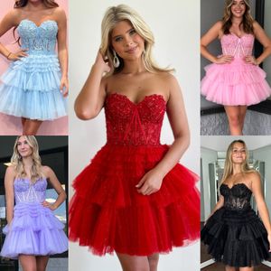 Strapless Homecoming Dress 2k24 Sheer Lace Corset Glitter Tulle Prom Pageant Formal Cocktail Event Party Runway Black-Tie Gala Wedding Guest Hoco Gown Pink Magenta