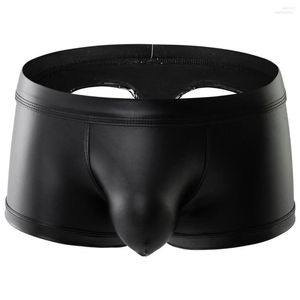 Unterhosen Sexy Homosexuell Unterwäsche Männer Boxer Shorts Schwarz Kunstleder Höschen Mann Hohl Zurück Jockstrap Beutel Cueca Calzoncillo