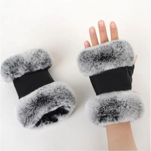 Outdoor autumn and winter women's sheepskin gloves Rex rabbit fur mouth half-cut computer typing foreign trade leather clothing