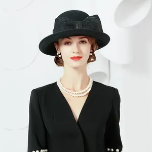 Beralar Kış Kış Sonbahar Yün Kuşak Kara Fedora Kadın Geniş Brim Cloche ile Bowknot Lady Chapeu Vintage Ladies Hats