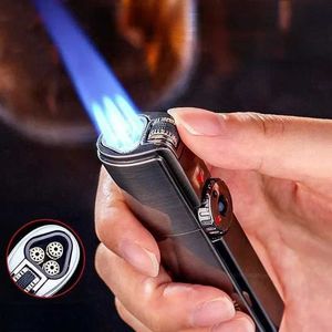 Lighters Jobon No GasTorch Lighter Powerful Three Straight Blue Flame Grinding Wheel Windproof Cigar Turbo Spray Gun Men's Gadgets