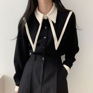 Women's Blouses Shirts Elegant Vintage Edge Piping Peaked Collar Shirts Women Spring Loose Puff Sleeve Blouses Simple Single Breasted Tops Women 231024