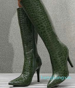 Moda sexy apontou saltos finos joelho botas altas femininas primavera/outono pu crocodilo costura chelsea festa bola