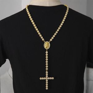 Män lyxig långhalsband Guld Silver Full Iced Out Rhinestones Jesus ansikte med Big Cross Pendant Necklace Rosary Punk Jewelry2614