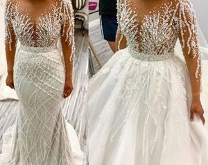 Meerjungfrau Plus Größe Hochzeit Kleid 2024 Zwei in Einem Schwere Handarbeit Pailletten Perlen Kirche Brautkleider Afrikanische Braut Vestidos De novia