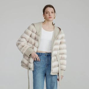 Lady Real Rex Rabbit Fur Jacket Women's Winter Fashion Fur Coat with Wool Medium Length Hood Coat