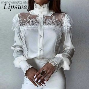 Kvinnors blusar skjortor avslappnad mode lapptäcke se-through mesh ihåliga skjorta sexig långärmad topp blusa elegant vintage ruffle turtleneck kvinnor blus t231025