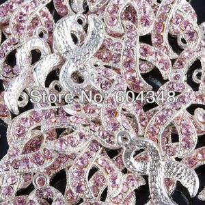 100st Silver Color Pink Crystal Rhinestone Ribbon Breast Cancer Awareness Charms dingle pärlor pendellsmycken fynd292t