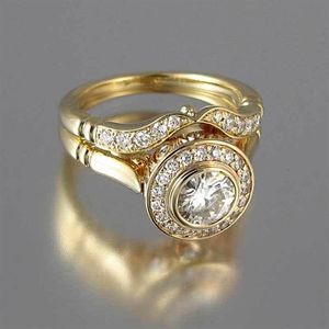 Luxury Female Wedding Ring Set Vintage Crystal 18KT Yellow Gold Color Stackable Ring Promise Engagement Rings For Women316K