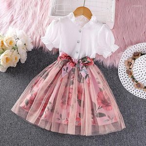 Girl Dresses 2023 Summer Arrival Girls Short Puff Sleeve Floral Sashes Mesh Pink Muti Roupa Infantil Menina Cute Party Dress Custume 4-7T