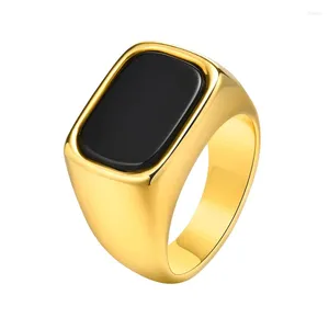 Cluster Rings Modyle Geometric Rectangle Black Stone Signet Ring For Men Gold Color Stainles Steel Finger Band Cool Male Punk Jewelry Gifts